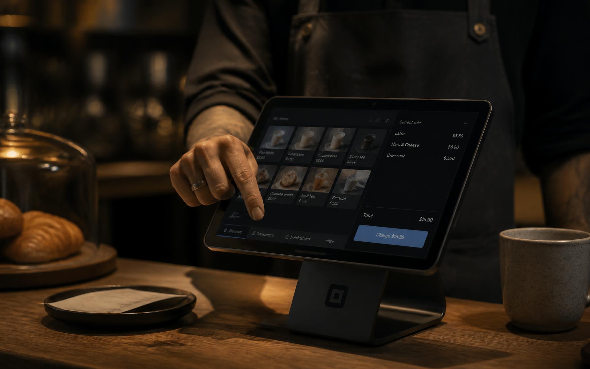 A barista taking an order on a personalized point-of-sale terminal
